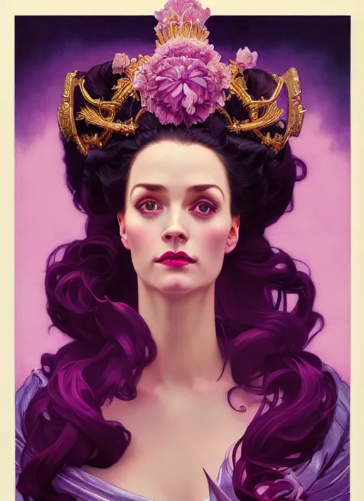 Image similar to leyendecker, brom, lovely regal queen, portrait, updo of black and pink ombre hair, crown, flowerpunk, crystal coated violet flowers, by greg rutkowski, anato finnstark, alphonse mucha, global illumination, radiant light