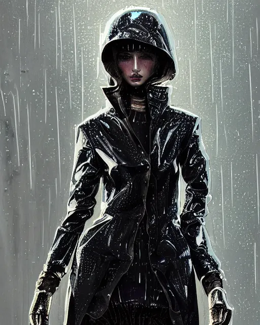 Image similar to detailed portrait European Pretty Modern Girl Dithering ditherpunk dither-punk Rain, Reflective jacket coat, Futuristic sci-fi fashion, royal attire by ismail inceoglu dragan bibin hans thoma greg rutkowski Alexandros Pyromallis Nekro Rene Margitte illustrated Perfect face, fine details, realistic shaded, fine-face, pretty face