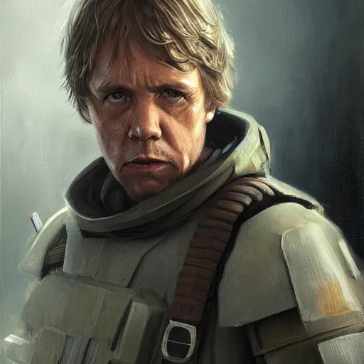 Image similar to portrait of a man by Greg Rutkowski, Commander Luke Skywalker from Star Wars Expanded Universe, he is about 60 years old, wearing tactical gear of the Galactic Alliance, highly detailed portrait, digital painting, artstation, concept art, smooth, sharp foccus ilustration, Artstation HQ