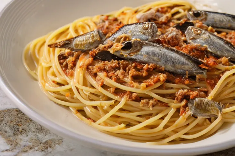 Prompt: Spaghetti with sardines and bananas