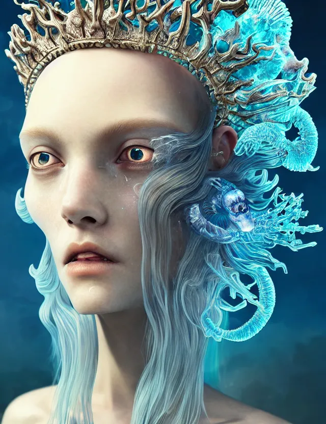 Prompt: goddess close - up portrait wigh crown made of ram skull. betta fish, jellyfish skeleton phoenix, bioluminiscent, plasma, ice, water, wind, creature, super intricate ornaments artwork by tooth wu and wlop and beeple and greg rutkowski