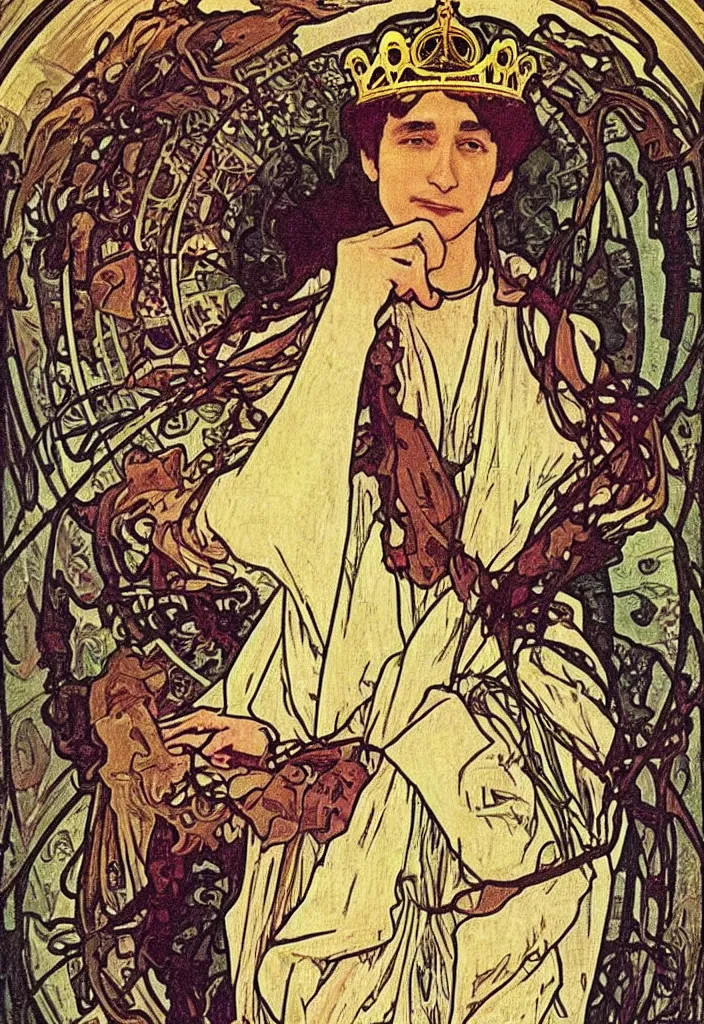 Image similar to geoffrey hinton in a crown on a tarot card, tarot in art style by alphonse mucha