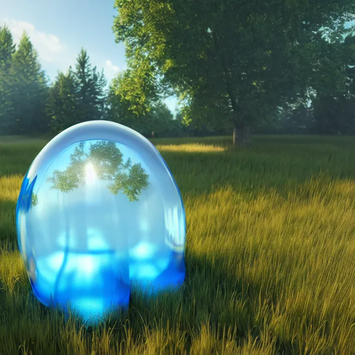 Prompt: render of one huge fantasy transparent translucent bluish slime in the meadow. fantasy, high details, masterpiece, cgsociety, octane render, 8 k, volumetric lighting, photorealism, translucent raytracing, artstation contest winner