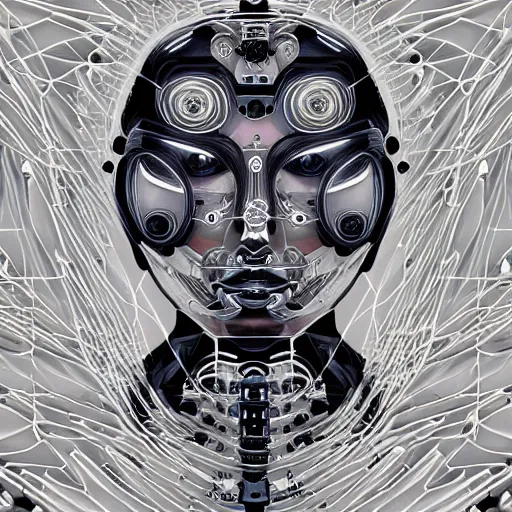 Image similar to The face of an extremely beautiful biomechanical female looking robot with Optical Sensors and large emoji tattoos, surrounded by a thin transparent force field,, extremely beautiful oppai cyberpunk, chimeric organism, pale skin, organic polycarbon, full frontal, portrait, highly detailed, symmetrical, mechanical, mendelbrot fractal, ray tracing, hyperdetailed, hyperrealistic, octane render, hdr, 8k