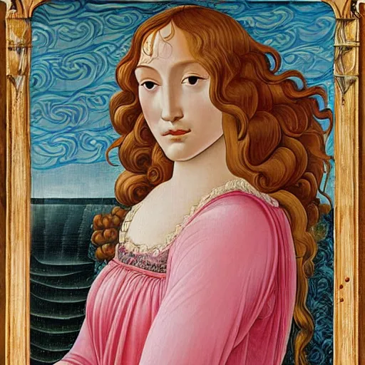 Image similar to an ultradetailed mythological oil painting of a beautiful woman with long brown hair, full body, wearing pink floral gown, lying asleep inside a giant scallop shell, near the seashore, intricate lines, elegant, renaissance style, by sandro botticelli