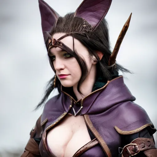 Image similar to anya charlota as a medieval fantasy tolkien elf, dark purplish hair tucked behind ears, wearing leather with a fur lined collar, wide, muscular build, scar across the nose, one black, scaled arm, cinematic, character art, real life, 8 k, detailed.