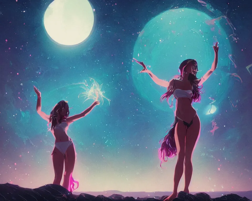 Prompt: beautiful fantastical girl standing in a lake basking in the moonlight, casting a spell, underneath a multi-colored binary blackhole with an accretion disc, glowing trails following her arms, wearing professional makeup, synthwave, by Lois van Baarle, by Greg Rutkowski, by artgerm, by beeple, by studio ghibli, cinematic angle, volumetric lighting, 4k resolution, octane render, trending on artstation, masterpiece