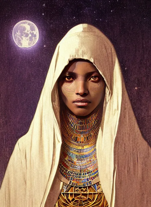 Image similar to close up portrait of noble khonsu under moonlight, egyptian symbolism, white eyes no pupils, hooded african man wrapped in linen by artgerm, cushart krenz, greg rutkowski, mucha. art nouveau. gloomhaven, swirly lunar ripples, pale colors, soft edges. ultra clear detailed. 8 k. elegant, intricate, octane render