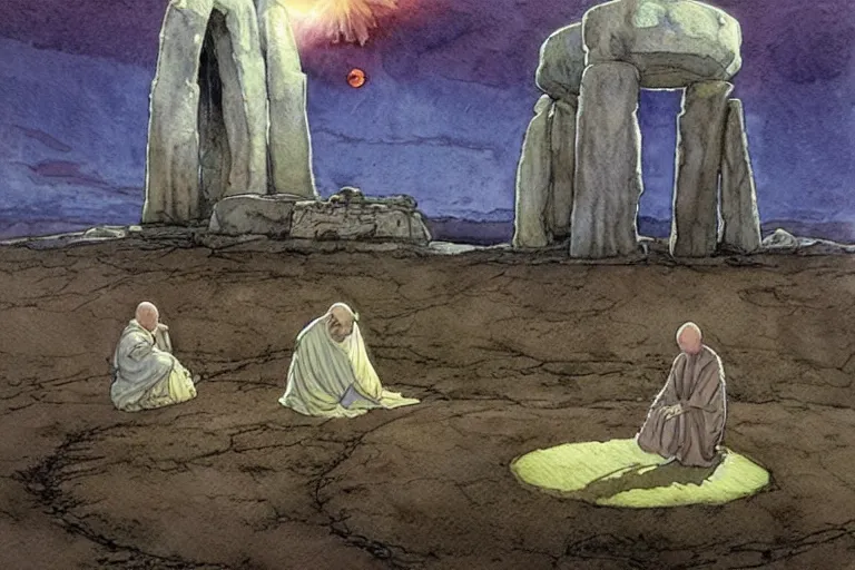 Image similar to a realistic and atmospheric watercolour fantasy concept art of a ufo landing in a floating stonehenge. one dirty medieval monk in grey robes is on his knees praying to the ufo. muted colors. by rebecca guay, michael kaluta, charles vess and jean moebius giraud