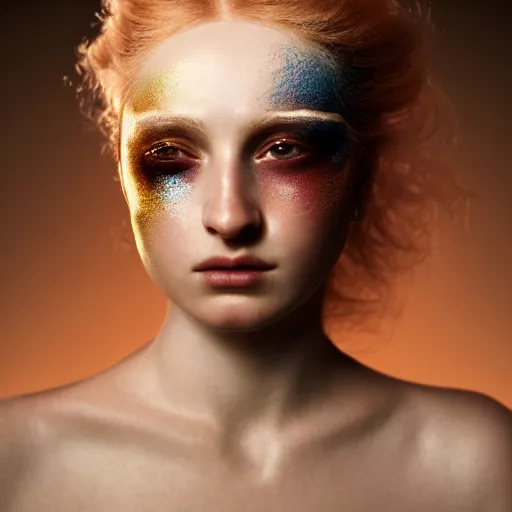 Image similar to photographic portrait of a stunningly beautiful renaissance female with abstract makeup in soft dreamy light at sunset, contemporary fashion shoot, by edward robert hughes, annie leibovitz and steve mccurry, david lazar, jimmy nelsson, breathtaking, 8 k resolution, extremely detailed, beautiful, establishing shot, artistic, hyperrealistic, beautiful face, octane render