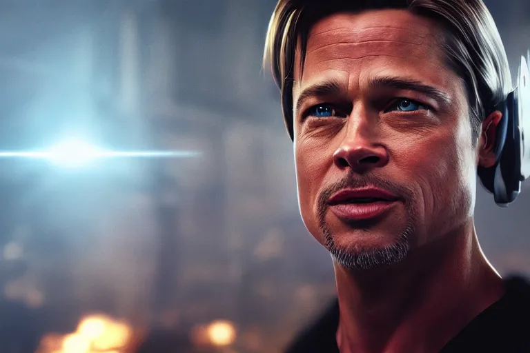 Prompt: a cinematic still of brad pitt as a cyborg, cyberpunk, artstation, dramatic lighting, lens flare