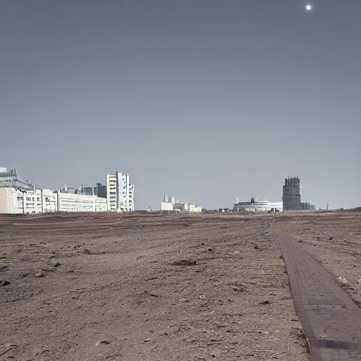 Prompt: moonwalker photo, lunar soil, city buildings, a detailed photo of a future norilsk base, moon landscape, street photo