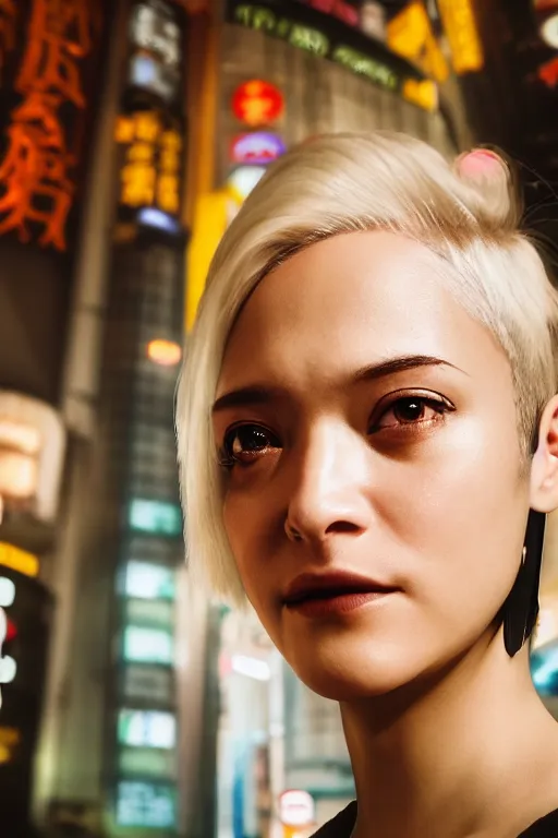 Prompt: Kodak Portra 400, 8K, highly detailed, wachowski 3/4 extreme closeup portrait, clear eyes, focus on clear transparent raincoat blonde pixie hair model, tilt shift zaha hadid style background: famous blade runner remake, tokyo izakaya scene