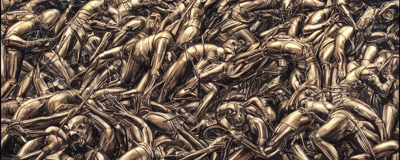 Image similar to androids raising the flag on iwo jima in the style of alex grey and hr giger