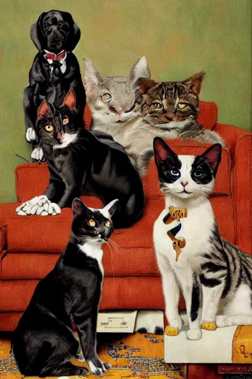 Image similar to snoop dogg and his cats painted by Norman Rockwell