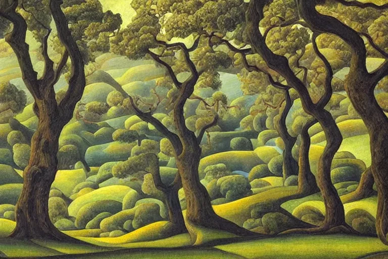 Image similar to masterpiece painting of oak trees on a hillside overlooking a creek, dramatic lighting, by diego rivera