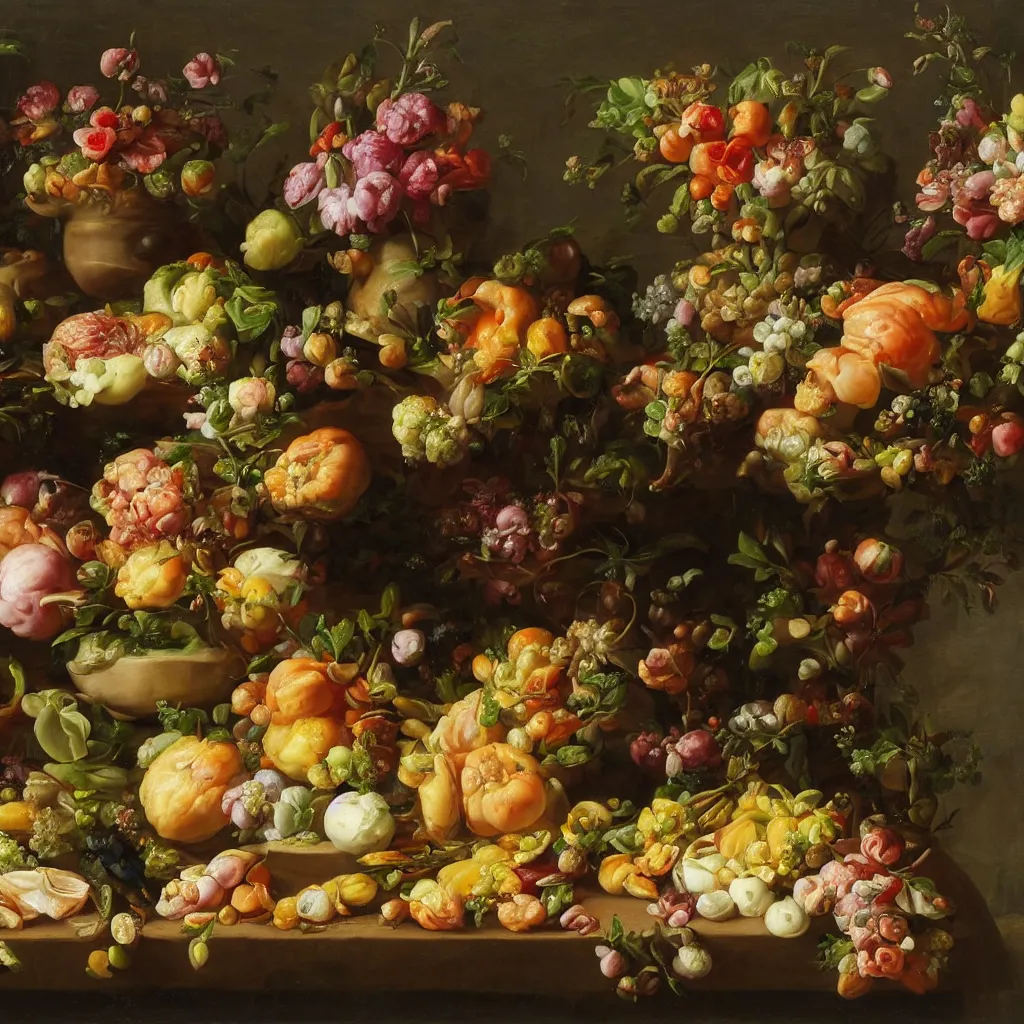 Prompt: a delicious meal by rachel ruysch, 1 6 9 5