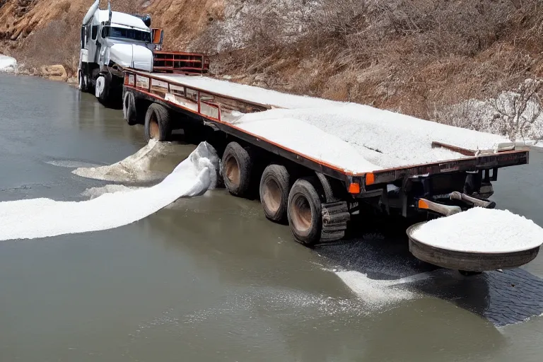 Prompt: truck dumping massive amount of salt with conveyor belt into the river