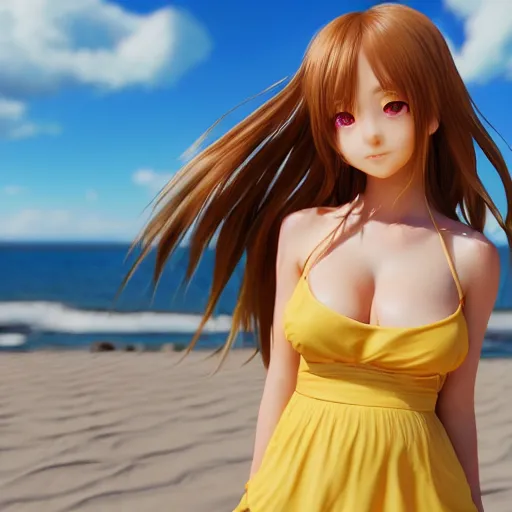 Prompt: Render of a very beautiful 3d anime girl, long hair, hazel eyes, cute freckles, full round face, short smile, cute sundress, golden hour, serene beach setting, medium shot, mid-shot, highly detailed, trending on Artstation, Unreal Engine 4k wallpaper