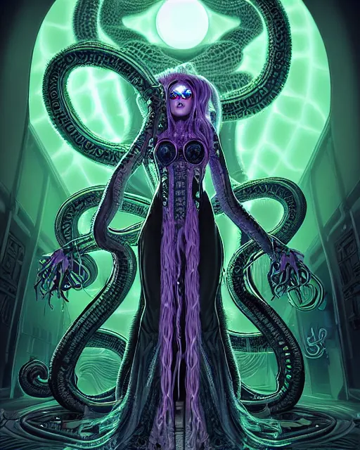 Image similar to Perfectly-centered Hyperdetailed realistic symmetrical cinematic RPG portrait-illustration of a beautiful aetherpunk cyberpunk Medusa with big glowing eyes in a long dark otherworldly dress and huge ravepunk snakes for hair. She's next to lovecraftian towers in a surreal landscape, style of an epic sci-fi comic-book cover, 3D rim light, hyper realism, dark retrowave, artstation, octane render, cgsociety