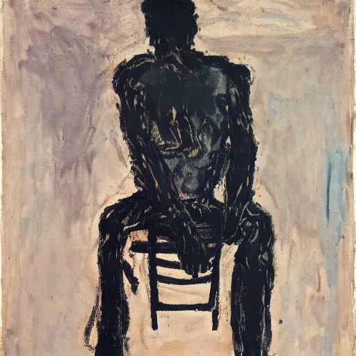 Prompt: painting of a man sitting on a chair and staring at you, by georg baselitz