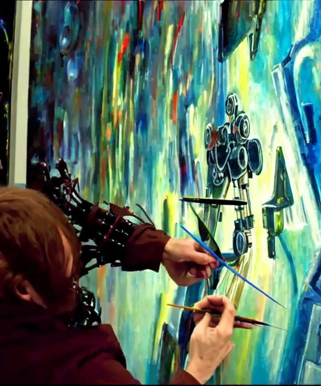 Prompt: photo of futuristic holy futuristic cyborg-robot-painter-artist creating a painting with acrylic paint and brushes in a futuristic artist studio. masterpiece, still from a 2021 movie by Terrence Malick, Tarkovsky, Gaspar Noe, James Cameron,