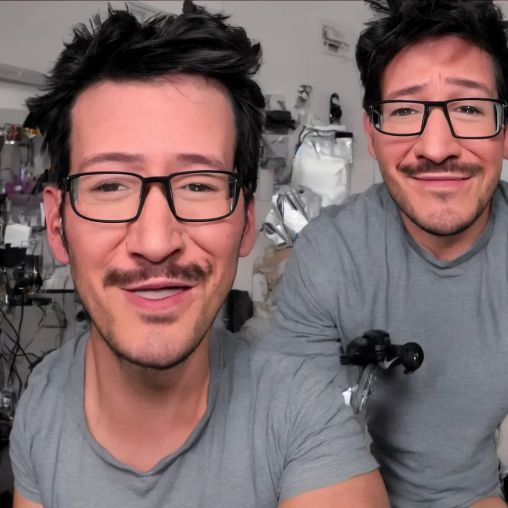 Prompt: close - up photo of markiplier with an absurdly large chin, clear eyes looking into camera, livestream screenshot