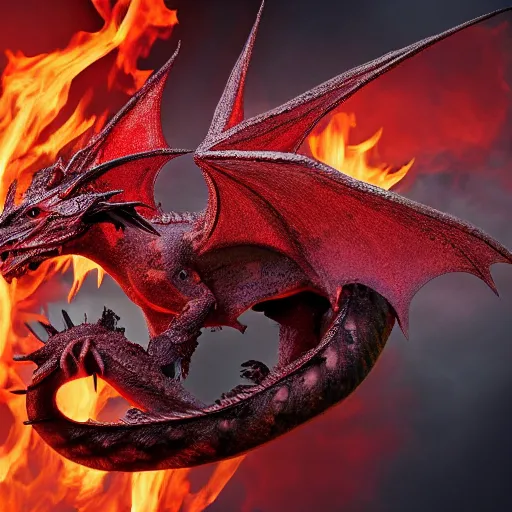 Prompt: photo of dragon with red skin, fire, 4 k