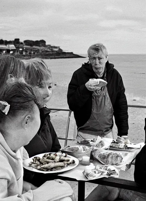 Prompt: candid photograph. beach goes eating fish and chips. martin parr 50mm. Sharp