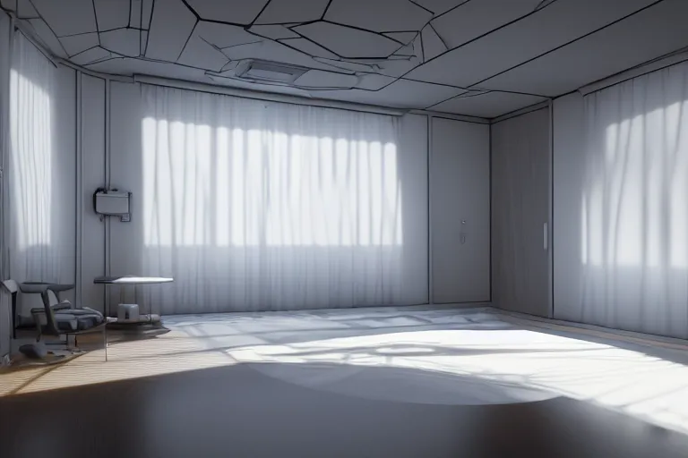 Prompt: realistic illustration of a room, central perspective, liminal space hotel room with biomech techonlogical cabled cubicle at the center of the image, white studio light, volumetric light, artstation, hiroaki samura, jiro matsumoto, o yusuke murata, unreal engine, octane render, sharp focus high quality 8 k