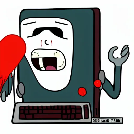 Image similar to a person with bloodshot eyes and tongue out staring at the computer with despondence, adventure time style