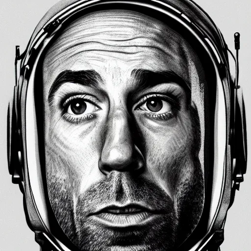 Prompt: a very detailed pencil drawing of joe rogan in an astronaut suit in space 4 k, high resolution, still, landscape, hd, dslr, hyper realistic, sketch