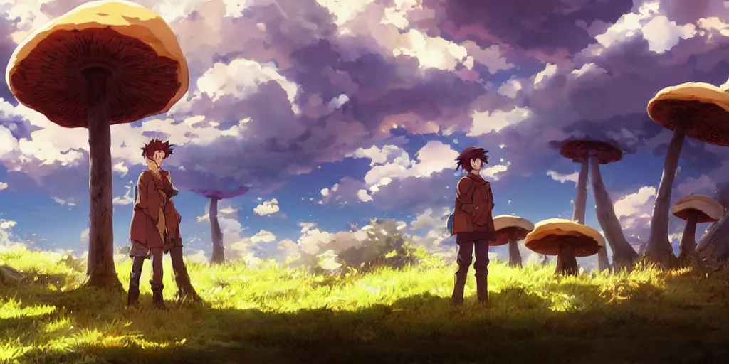 Prompt: isekai masterpiece anime boy standing tree log looking up at giant mushrooms, high noon, cinematic, very warm colors, intense shadows, layered stratocumulus clouds, anime illustration, anime screenshot composite background