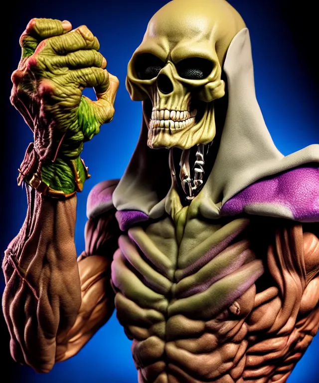 Image similar to hyperrealistic rendering, skeletor, by art of skinner and richard corben and jeff easley, product photography, action figure, sofubi, studio lighting, colored gels