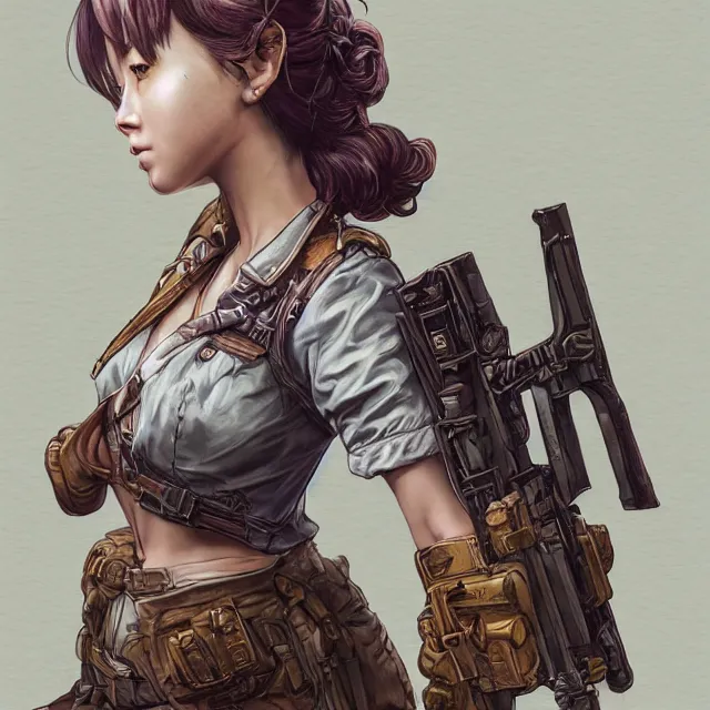 Image similar to the portrait of lawful neutral semi - colorful female infantry gunner as absurdly beautiful, gorgeous, elegant, young gravure idol, an ultrafine hyperdetailed illustration by kim jung gi, irakli nadar, intricate linework, bright colors, octopath traveler, final fantasy, unreal engine 5 highly rendered, global illumination, radiant light, detailed and intricate environment