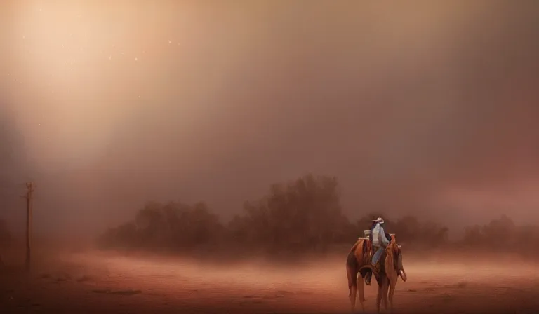 Prompt: dust storm in the old west, sharp focus, intricate, elegant, digital painting, artstation, matte, highly detailed, concept art, illustration, volumetric lighting, gold and blue and pink color scheme, bokeh light, art by greg olsen and liz lemon swindle