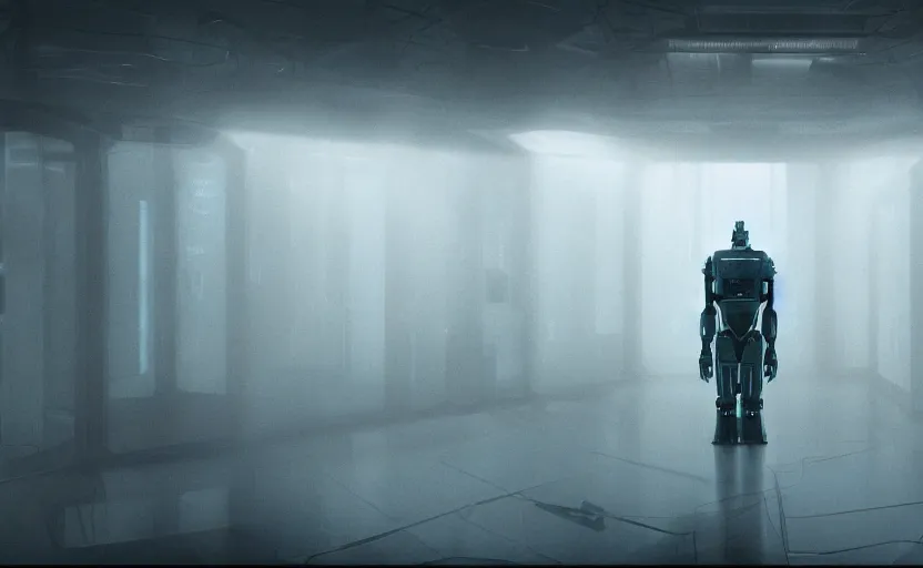 Image similar to extremely detailed cinematic movie still 3 0 7 7 foggy portrait shot of a robot in an endless data centre by denis villeneuve, wayne barlowe, simon birch, marc simonetti, philippe druillet, beeple, bright volumetric sunlight from small windows, rich moody colors