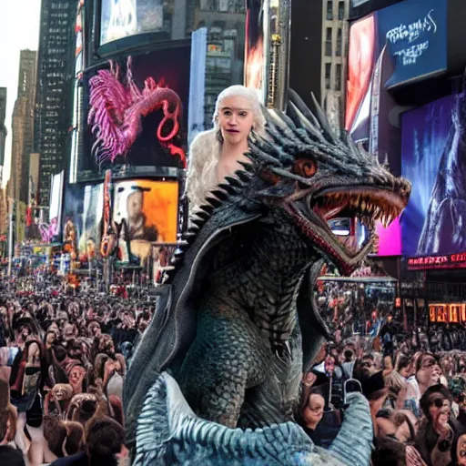 Prompt: game of thrones Daenerys riding a dragon in new york time square