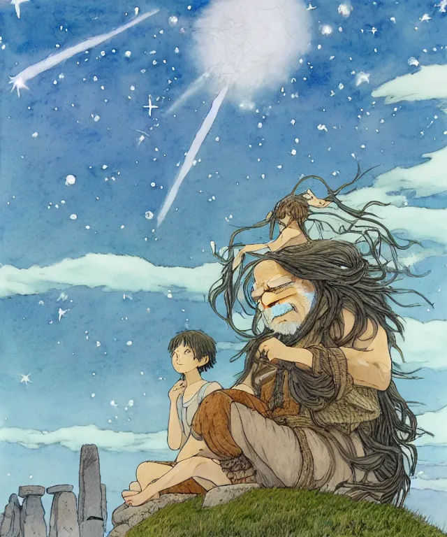 Prompt: a hyperrealist studio ghibli watercolor fantasy concept art. in the foreground is a giant long haired grey sasuatch sitting in lotus position on top of stonehenge with shooting stars all over the sky in the background. by rebecca guay, michael kaluta, charles vess