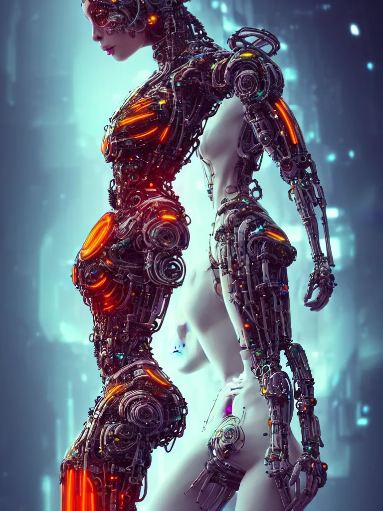 Image similar to full lenght shot woman in biomechanical dress, wearing epic bionic cyborg implants of different colors, masterpiece, intricate, biopunk futuristic wardrobe, highly detailed, artstation, concept art, background galaxy, cyberpunk, octane render