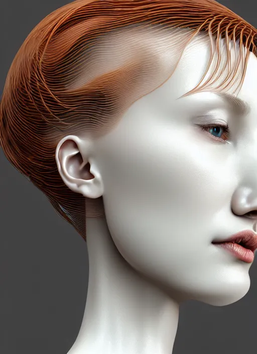 Image similar to complex 3d render ultra detailed of a beautiful porcelain translucent profile woman face, biomechanical cyborg, 150 mm, beautiful natural soft light, rim light, silver gold details, magnolia big leaves and stems, roots, fine foliage lace, maze like, mesh wire, intricate details, hyperrealistic, ultra detailed, mandelbrot fractal, anatomical, red lips, white metal neocubism armor, facial muscles, cable wires, microchip, elegant, green eyes, octane render, H.R. Giger style, 8k