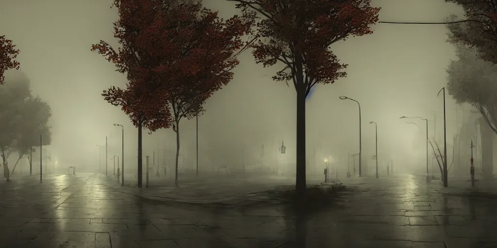 Image similar to silent hill in real life, streets, sombre, parked cars, overcast, blankets of fog pockets, rain, volumetric lighting, beautiful, night time, autumn, sharp focus, 7 0 s visuals, ultra detailed, cgsociety