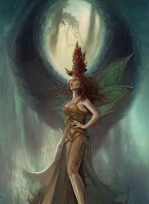 Image similar to tarot!!, fairy queen, fantasy medieval, no noise, elegant, concept art, sharp focus, beautiful face!!, digital art, smooth defined outlines!!, by Brom, trending on Artstation, Tom Bagshaw, Sargent