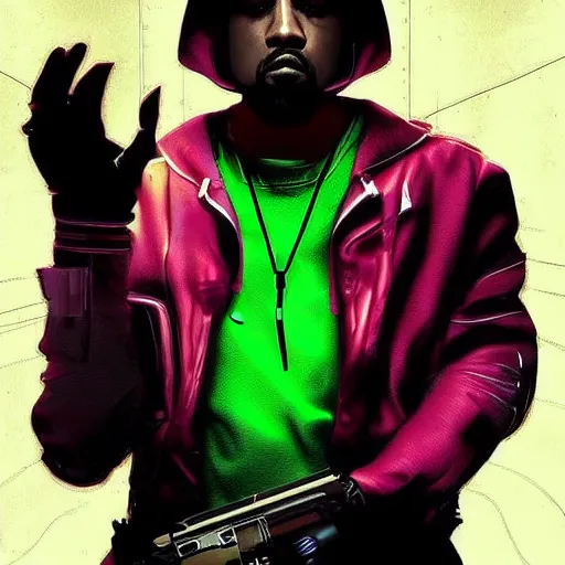 Image similar to cyberpunk kanye west character art, epic background, epic composition, hdr, full body gauche painting, arcane art style