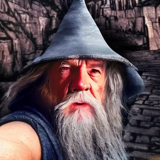 Image similar to Selfie taken by an overconfident Gandalf the Grey on the Bridge of Khazad Dum, a balrog looming in the background,