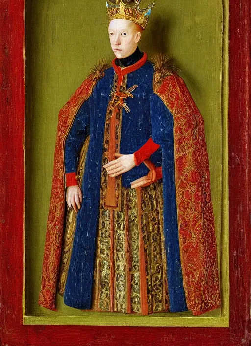 Image similar to portrait of a young man who is a king with a crown, medieval painting by Jan van Eyck, Florence