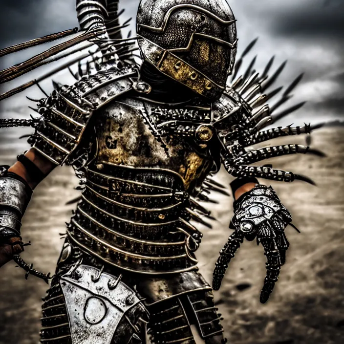 Prompt: photo of a warrior with metal centipede themed armour, highly detailed, 4 k, hdr, smooth, sharp focus, high resolution, award - winning photo