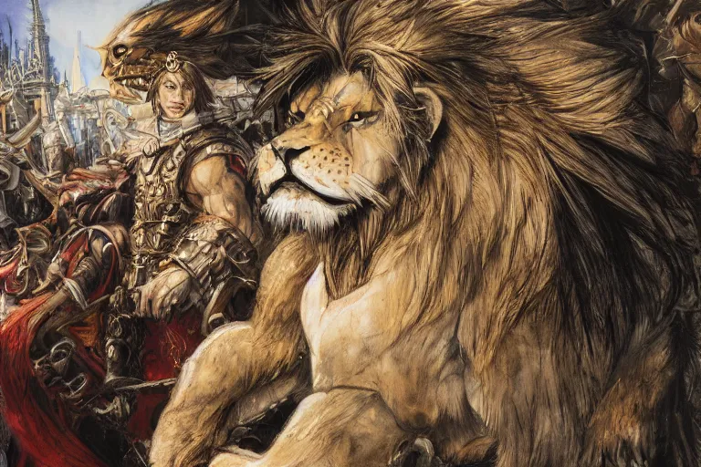 Image similar to 8k Yoshitaka Amano painting of upper body of a young cool looking lion beast-man at a medieval market at windy day. White mane, Depth of field. He is wearing complex fantasy armors. He has huge paws. Renaissance style lighting.