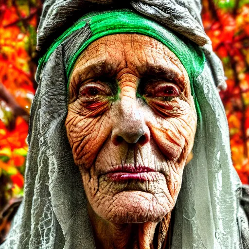 Prompt: old crone singing the song of forgetting in a gloomy misty forest with vibrant orange leaves on a nearby golden pedestal burn seven red candles. smoke fire. high detail, detailed face with piercing green eyes photograph wide angle