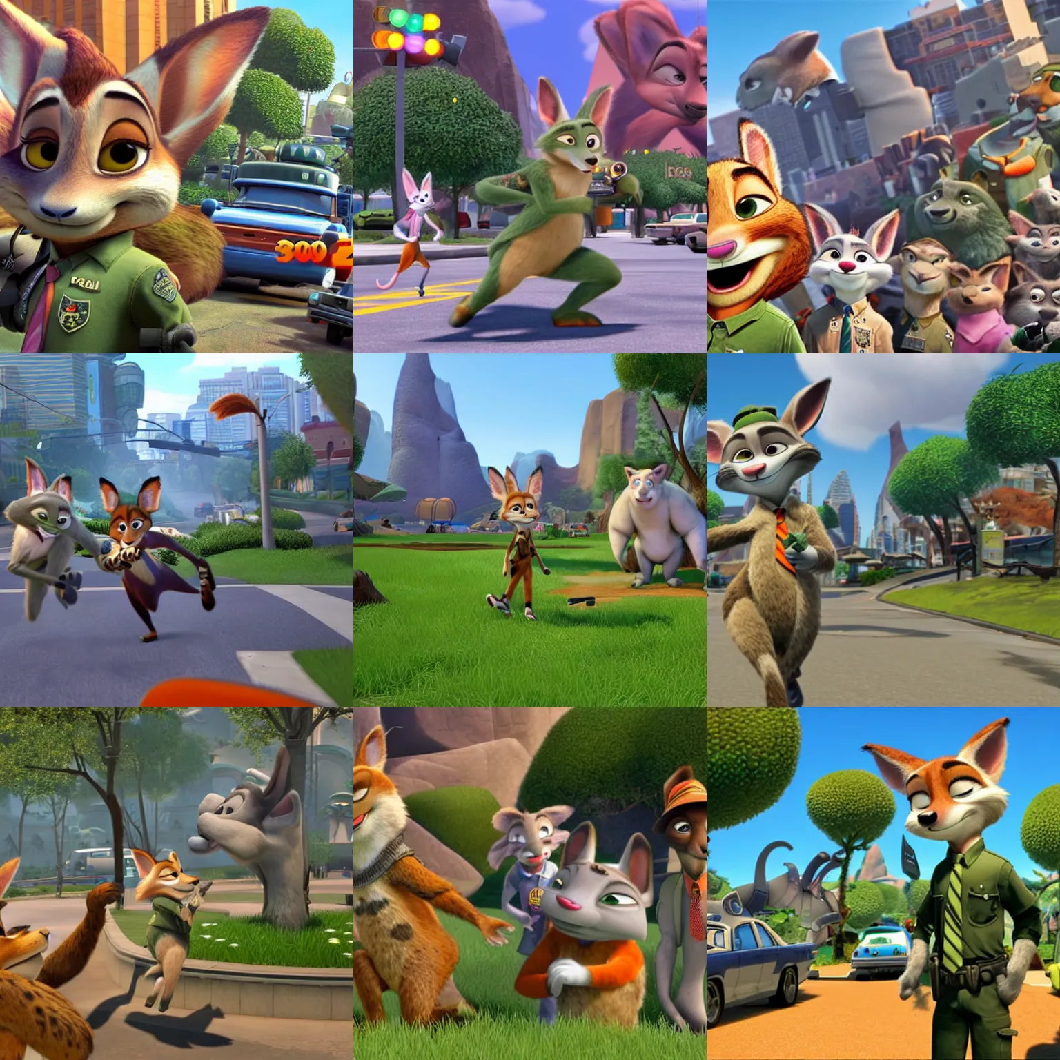 Prompt: Zootopia as a multiplayer first person shooter for PS2, retro 3D gameplay screenshot, ESRB Mature